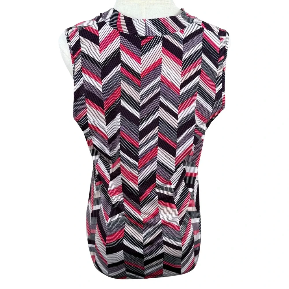 Jones New York S Blouse Red Geometric Women Tie Neck Sleeveless Shell Career EUC - Picture 3 of 8